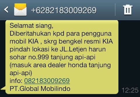sms Pengumuman KIA Pindah Alamat