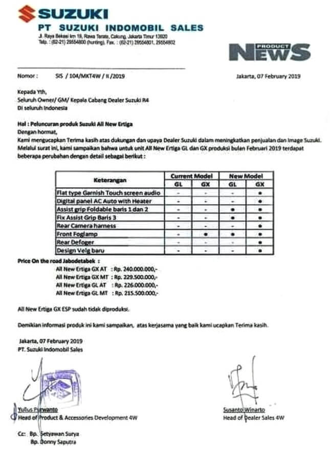 Surat PT SIS pada Dealer Suzuki - Perubahan Ertiga 2019