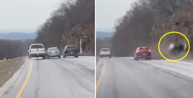 Accord hilang kendali dan menabrak dinding bukit setelah bersenggolan dengan F-150