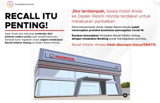 Honda ingatkan Recall Airbag pada Pengguna mobilnya