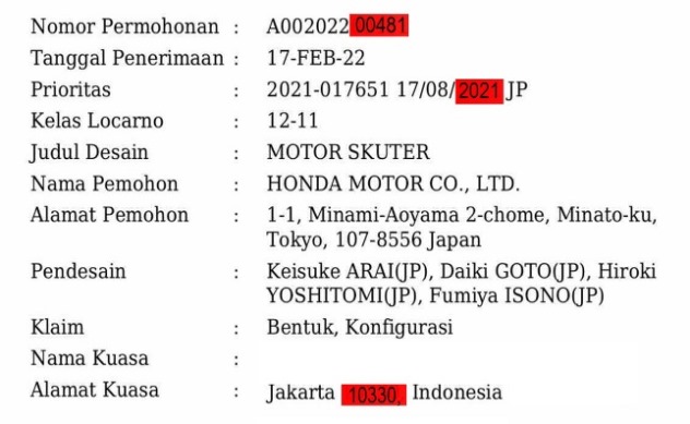 Paten Desain Honda ADV350 - di Dirjen Kekayaan Intelektual