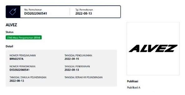 Screenshot Paten Nama Wuling Alvez di situs PDKI