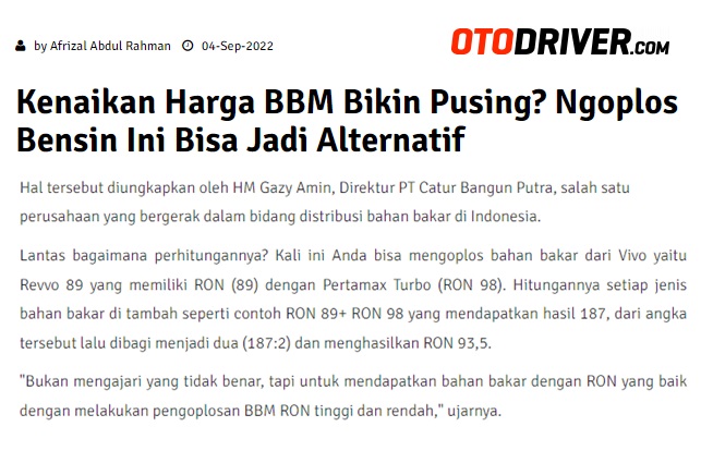 Tips Oplos Bensin dari OtoDriver