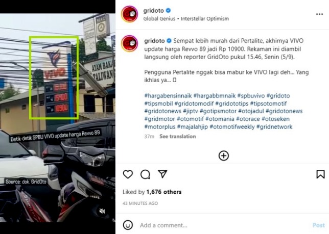 Vivo mengalah, naikkan harga Bensin RON-89