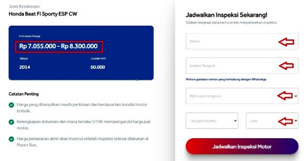 estimasi harga motor bekas di planetaja - dan form inspeksi