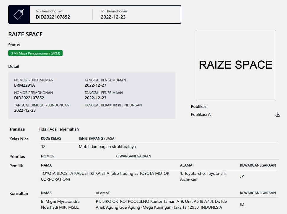 Rilis Pendaftaran Merek Toyota Raize Space di Situs Kekayaan Intelektual Kemenkumham
