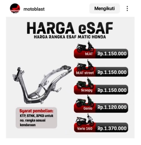 Harga Rangka Motor eSaf Honda